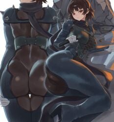 1girls ass ass_focus atlus big_ass bodysuit bottom_heavy brown_hair bubble_butt clothed clothing female female_only goddess_of_victory:_nikke heels high_heels hirosenpai hourglass_figure huge_ass large_ass latex latex_bodysuit looking_at_viewer lying makoto_niijima medium_breasts persona persona_5 red_eyes short_hair slim_waist solo solo_female standing thick thick_ass thick_thighs thigh_gap thighs tight_clothing white_background wide_hips
