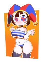 1girls 2026 3zoom big_breasts big_eyes bikini blue_bikini blue_eyes blush blushing breasts brown_hair choker cleavage female female_only jester_hat looking_at_viewer nipple_bulge orange_background pale-skinned_female pale_skin pomni_(the_amazing_digital_circus) red_eyes short_hair striped_bikini swimsuit the_amazing_digital_circus thick_thighs thighhighs thighs underboob white_bikini white_body white_border white_skin wide_hips