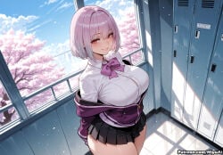 1girl ai_assisted ai_generated bangs black_skirt blue_sky blush bow breasts closed_mouth cloud cloudy_sky collared_shirt copyright_name cross-section curvaceous curvy curvy_female curvy_figure day eyebrows_visible_through_hair female jacket large_breasts light_purple_hair long_sleeves looking_at_viewer miniskirt miyuai pleated_skirt purple_bow purple_jacket red_eyes school_uniform shinjou_akane shirt short_hair skirt sky smile solo thick thick_ass thick_butt thick_hips thick_legs thick_thighs thighs voluptuous voluptuous_female white_shirt wide_hips wide_thighs window