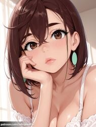 1girl ai_generated arlequin097 ayase_momo bare_shoulders blush bra breasts brown_eyes brown_hair cleavage closed_mouth collarbone crossed_bangs dandadan earrings eyelashes hair_between_eyes hand_on_own_cheek hand_on_own_face head_rest indoors jewelry large_breasts lips looking_at_viewer medium_breasts medium_hair momo_ayase off_shoulder short_hair solo thick_eyebrows underwear upper_body