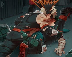 2boys anal anal_sex balls blonde_hair blush closed_eyes french_kiss gay gloves green_hair hero_outfit_(mha) izuku_midoriya katsuki_bakugou kissing legs_up male male/male male_only missionary_position my_hero_academia penetration penis precum ripped_clothing sex tagme tongue wildmage yaoi