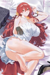 1girl absurdres alternate_breast_size_(larger) armpit_crease ass bare_shoulders barefoot big_ass big_breasts blush breasts cleavage commentary_request dress feet female female_focus female_only foot_out_of_frame highres himeko_(honkai:_star_rail) hips hips_wider_than_shoulders honkai:_star_rail honkai_(series) huge_ass huge_breasts legs long_hair looking_at_viewer lying nail_polish nuo_(fttv3255) on_side panties red_hair smile soles solo thick_thighs thighs toenail_polish toenails toes white_dress white_panties yellow_eyes