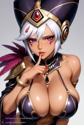 1female 1girl 1girls 2026 ai_generated artist_name bare_shoulders big_ass big_breasts blush bracelet breasts cia_(the_legend_of_zelda) cleavage curvy dark-skinned_female dark_skin facial_mark feathers finger_to_mouth gradient gradient_background hat hi_res high_quality high_resolution highres huge_ass huge_breasts hyrule_warriors jewelry large_breasts lips looking_at_viewer navel parted_lips patreon patreon_username purple_eyes shiny shiny_skin short_hair simple_background solo the_legend_of_zelda unjobdespiert upper_body watermark white_hair