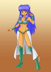 belly_dancer belly_dancer_outfit blue_hair boots brown_eyes clothing harem_girl harem_outfit kuting143 large_breasts long_skirt orange_skin ranma_1/2 shampoo_(ranma_1/2) slave species_swap strapless_bra unconvincing_armor