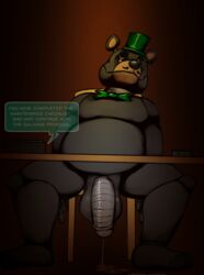 animatronic balls big_balls big_penis cum_leaking datburrsteve daxhush dialogue five_nights_at_freddy's furniture genitals hi_res machine male mammal metal_penis penis robot solo speech_bubble table ursid video_games