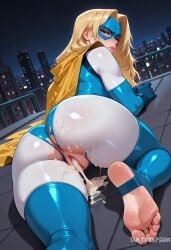 1girl after_sex after_vaginal ai_generated anus artist_name ass blonde_blazer blonde_hair blue_eyes blush bodysuit cape closed_mouth cum cum_in_pussy cum_on_ass cumdrip dispatch_(game) domino_mask feet foot_out_of_frame from_behind futarush gloves lips long_hair looking_at_viewer looking_back mask no_shoes outdoors patreon patreon_username pussy soles solo stirrup_legwear sultryspark superhero thighs toeless_legwear toes torn_bodysuit torn_clothes uncensored yellow_cape