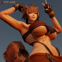 1girls 3d armpit armpit_fetish armpits athletic athletic_female bicep_curl biceps blazblue blender blender_(artwork) blender_cycles blue_background body_sweat boobs brown_eyes brown_hair brunette brunette_hair closed_mouth fist happy large_breasts looking_at_viewer looking_down makoto_nanaya muscles peace_sign peace_symbol showing_off skimpy skimpy_clothes smirk squirrel_tail sunlight sunset sweat sweaty toned toned_female underboob watermark