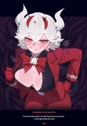 beelzebub_(helltaker) blush demon helltaker horn red_suit revealing_breasts ryzz_ryzz seducing seductive