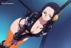 1girl ai_generated anime anime_style artist_name black_hair black_jacket black_panties blue_eyes boots breasts cleavage closed_mouth collarbone dutch_angle forehead gloves hands_on_own_thighs headphones hentai hi_res indoors jacket large_breasts leaning_forward long_hair long_sleeves looking_at_viewer midriff mystic_maidens navel nico_robin one_piece orange_thighhighs panties patreon patreon_username smile solo standing thighhighs underwear web_address