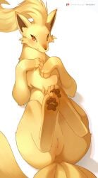 1girl ancesra animal_focus animal_sexualization anus artist_name blonde_hair blue_sclera blush brown_eyes cleft_of_venus clitoral_hood closed_mouth colored_sclera feet fox from_above full_body hands_on_own_chest happy highres large_variant_set legs_up long_hair looking_at_viewer lying multiple_tails ninetales no_humans non-web_source on_back own_hands_together patreon_logo patreon_username pawpads pokemon pokemon_(creature) pussy simple_background smile soles solo tail uncensored variant_set watermark web_address white_background zoophilia