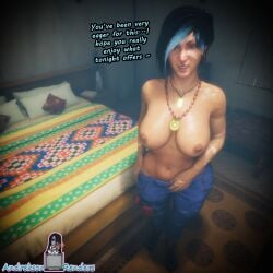 1girls andrekson andreksonrendersnsfw bedroom dead_by_daylight haddie_kaur horny one_female tan_skin text tits tits_out topless