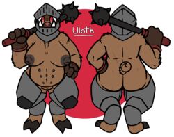 2020 2_toes 4_fingers aliasing alpha_channel anthro armor ass belly_nipples big_breasts big_butt breasts brown_body brown_fur character_name clothing curled_tail dark_nipples english_text female fingers fur genitals gloves handwear headgear helmet hi_res holding_melee_weapon hooves leg_armor mace mammal medieval_armour melee_weapon model_sheet navel no_pupils overweight overweight_anthro overweight_female plate_armor porcine pussy raised_arm red_eyes scar signature simple_background snout solo spikes suid suina sus_(pig) text toes trout_(artist) tusks uloth weapon weapon_on_shoulder wild_boar