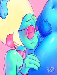 2girls badrainbow blonde_hair blue_skin close-up closed_eyes green_skin imminent_sex lapis_lazuli_(steven_universe) multiple_girls nude peridot_(steven_universe) pink-tinted_eyewear pubes pussy sniffing steven_universe sunglasses tinted_eyewear yuri