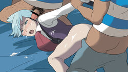 3boys anal arms_behind_back blue_hair blush bottomless censored cum cum_on_body cum_on_face gay male male/male male_only nintendo pokemon pokemon_oras pokemon_rse rape steven_stone_(pokemon) sweat tsumeotoko yaoi