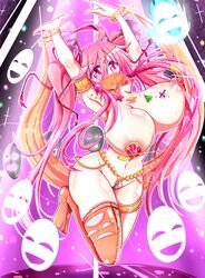 1girls alternate_costume armpits dancing female_focus hata_no_kokoro large_breasts masks pink_eyes pink_hair thighhighs touhou very_long_hair