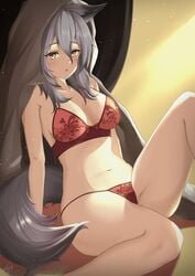 arknights blanket blush bra breasts cute grey_hair looking_at_viewer nevblindarts panties projekt_red_(arknights) red_bra red_lingerie red_panties simple_background staring_at_viewer voluptuous wolf_ears wolf_tail yellow_eyes