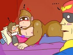 4:3 age_difference anthro ape bed blush bodily_fluids brown_hair captain_falcon caught clothed clothing condom curvy_figure curvy_hips donkey_kong donkey_kong_(series) dustymiller erection erection_under_clothing f-zero fully_clothed furniture gay genital_fluids gorilla group hair hand_on_head haplorhine human imminent_kiss imminent_sex interspecies interspecies_relationship larger_anthro larger_male leg_wrap male male/male male_only mammal muscular muscular_male nintendo nipples on_bed pillow pokemon precum precum_through_clothing premature_ejaculation primate red_(pokemon) sexual_barrier_device size_difference skinny smaller_human smaller_male smooth_skin speechless super_smash_bros. surprise sweat sweaty_thighs thick_thighs video_games wet wet_clothing wide_hips yaoi younger_male