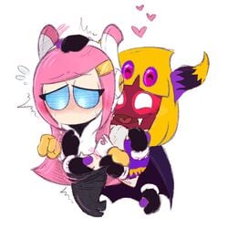 anthro blue_eyes cape cute dark_taranza fingering hand_on_head heart horns horny kirby_(series) kirby_star_allies laugh multi_arm multi_limb nervous nintendo pervoborb pink_hair queen_sectonia red_skin spider susanna_patrya_haltmann susie_(kirby) taranza team_kirby_clash_deluxe yuri