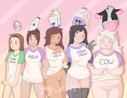 5girls accalia_(@yagi_arts) black_hair blush bovine brown_eyes brown_hair chubby chubby_female giga_milk green_eyes lavie_(@yagi_arts) lineup marie_(@yagi_arts) mega_milk milk milk_bottle mini_milk mio_(@yagi_arts) multiple_girls pantless partially_clothed peace_sign purple_eyes robot robot_girl shirt shirt_only tan_skin thick_thighs thighs toned_female vagina vercana_(@yagi_arts) white_hair white_skin wink winking wolf_ears yagi_arts