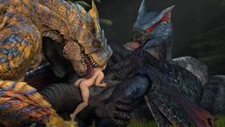 16:9 2020 3d 3d_(artwork) 4k absurd_res ambiguous_gender ambiguous_penetrated ambiguous_penetration capcom claws digital_media_(artwork) dragon feral feral_penetrated flying_wyvern fur group group_sex hi_res human human_on_feral human_penetrating human_penetrating_feral interspecies ivorylagiacrus licking looking_at_another lying male male/ambiguous male_penetrating male_penetrating_ambiguous mammal missionary_position monster_hunter nargacuga nude on_back on_top paws penetration scales scalie sex sharp_teeth size_difference source_filmmaker spread_legs spreading teeth threesome tigrex tongue tongue_out video_games widescreen wings zoophilia