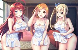 3girls apron apron_lift arkfield big_breasts bleach blonde_hair blue_eyes blush breasts cleavage couch crossover earrings fairy_tail female female_focus female_only high_school_dxd inoue_orihime jewelry large_breasts long_hair looking_at_viewer lucy_heartfilia multiple_girls naked_apron open_mouth orange_eyes orange_hair pinup ponytail red_hair rias_gremory sideboob smile star star_earrings thighs tied_hair white_apron yellow_eyes