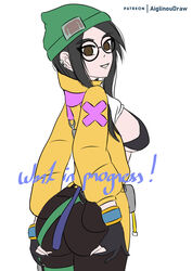 aiglinoudraw beanie bikini black_hair brown_eyes clothed glasses green_beanie killjoy_(valorant) looking_at_viewer partially_fingerless_gloves patreon piercing showing_breasts tagme valorant work_in_progress yellow_jacket