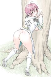 against_tree ahoge asbel_lhant ass bent_over blue_eyes blush bottomless breasts breasts_out coat female genderswap_(mtf) grass heterochromia high_heels large_breasts long_sleeves looking_at_viewer naked_coat nipples nose_blush open_mouth red_eyes red_hair rule_63 short_hair solo sweat tales_of_(series) tales_of_graces tears tree usagi_nagomu very_short_hair white_background white_footwear