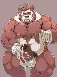 2020 anthro balls bearwivme bodily_fluids cum ejaculation erection fur genital_fluids genitals giant_panda hi_res male male_only mammal moobs musclegut nipples overweight overweight_male penis simple_background solo ursid white_body white_fur