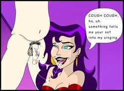 1girls after_sex breasts circe circe_(dc) cleavage cum cum_in_mouth dc dialogue english_text jacobparis9 justice_league justice_league_unlimited oral penis sinisterpimp text unseen_male_face veiny_penis