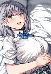 belko breasts grey_hair hololive hololive_fantasy hololive_japan large_breasts plaid_skirt school_uniform schoolgirl shirogane_noel straining_buttons tagme virtual_youtuber white_shirt