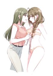 2girls breasts embarrassed half_naked lingerie multiple_girls original romi_(346_ura) ruler seductive tagme yuri