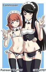 2girls apron belly black_hair breasts cleavage commission female female_focus female_only fire_emblem fire_emblem_fates high_socks looking_at_viewer maid maid_bikini maid_headdress mikoto_(fire_emblem) milf mother_and_daughter navel nintendo ponytail sakura_(fire_emblem) short_hair small_breasts smile smiling smiling_at_viewer v yiku1707