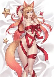 1girls ahri blonde_hair breasts league_of_legends looking_at_viewer purple_eyes ribbon riot_games solo solo_female star_guardian star_guardian_ahri star_guardian_series weni