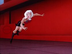 batman_(series) batman_beyond bobbi_blade_sommer clothed dc dc_comics dcau female_only high_heel_boots pink_top skirt tripping white_hair