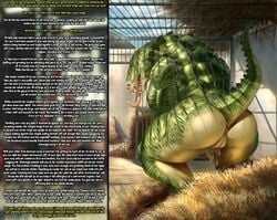 anthro anthro_only anus ass bethesda_softworks big_butt bodily_fluids cage caption cloud crouching cum cum_in_pussy cum_inside da_polar_inc deathclaw detailed_background dialogue fallout female female_deathclaw gatorclaw genital_fluids genitals green_body green_skin hay long_tail long_tongue looking_at_viewer looking_back muscular muscular_female nude open_mouth presenting presenting_hindquarters pussy pussy_juice raised_tail saliva scalie sky ssocrates talking_to_viewer teeth tongue tongue_out video_games wall_of_text wet yellow_eyes