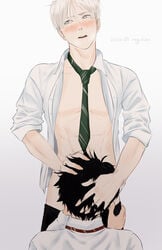 2020 2boys abs black_hair black_pants blonde_hair blush blushing clothed clothing draco_malfoy fellatio gray_eyes green_necktie green_tie gryffindor gryffindor_tie hand_on_hair hand_on_head hand_on_hip harry_james_potter harry_potter human human_only kneeling male male_only mouth_open necktie no_undershirt open_clothes open_mouth open_shirt oral oral_sex pale-skinned_male pale_skin pants_down red_necktie red_tie roychan shirt_unbuttoned short_hair simple_background slytherin slytherin_tie standing teeth tie white_background white_hair white_shirt yaoi