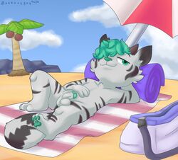 anthro balls beach beach_towel beach_umbrella boxyart casual_nudity circumcised coconut digital_media_(artwork) drupe_(fruit) felid food fruit genitals green_eyes green_hair hair hair_over_eye hand_behind_head hi_res lying male male_only mammal nude on_back one_eye_obstructed palm_tree pantherine pawpads penis plant public seaside tiger tree young