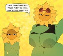 anthro big_breasts black_shirt crying dragonbreaker english_text flora_fauna green_nipples green_skin plant_girl plantie plants_vs_zombies plants_vs_zombies:_heroes solar_flare_(pvz) sunflower sunflower_(pvz) sunflowers text thick_thighs video_games yellow_background