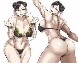 1girls abs ass big_ass big_breasts big_butt bikini bikini_top brown_eyes brown_hair butt chun-li clothed clothed_female clothes clothing cuffs_(clothing) earrings fat_ass female female_only fully_clothed hearts muscles muscular muscular_female plain_background revealing_clothes shibusun signature smile solo street_fighter street_fighter_v swimsuit thick thick_thighs thong thong_bikini white_background