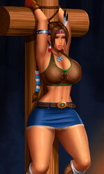 armband arms_up big_breasts bondage bound breasts brown_eyes brown_hair cleavage clothed denim_skirt earrings gloves hair_feathers hair_ornament headband julia_chang long_hair miniskirt namco native_american navel necklace shiny_skin single_braid solo solo_female suspension svoidist tank_top tekken totem