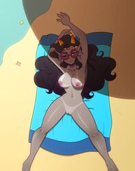 1girls arms_behind_head beach black_hair breasts crown feferi_peixes fins glasses grey_eyes grey_skin homestuck horns kinkymation long_hair lying ms_paint_adventures nipples nude one_eye_closed pussy solo tanline troll