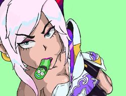 1girls blue_eyes breasts clothed ear earring earrings eyebrows eyebrows_visible_through_hair female horns league_of_legends lips lipstick meme mouthful oral_insertion pickle_rick rick_and_morty riven spirit_blossom_riven spirit_blossom_series tagme white_hair