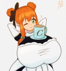 coffee elf huge_breasts hyper_breasts large_breasts maid orange_hair riley_moore_(artist) rilli_oshina wink