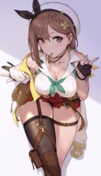 1girls atelier_(series) atelier_ryza big_breasts brown_eyes brown_hair chastity chastity_key cleavage female female_only femdom fully_clothed horny key key_in_mouth keyholder looking_at_viewer only_female reisalin_stout solo thick_thighs white_background