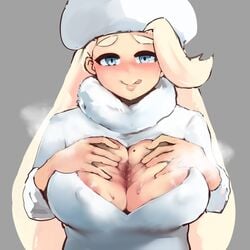 1girls alternate_breast_size big_breasts blush breasts cleavage erect_nipples eye_contact female female_only half-closed_eyes heavy_breathing human human_only large_breasts looking_at_viewer melony_(pokemon) nintendo nipples pokemon pokemon_ss solo yotahen