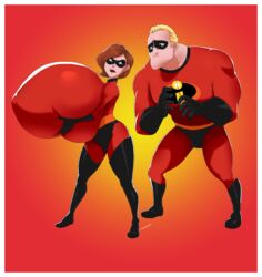 1boy 1girls 2020 angry blonde_hair bodysuit boots border breast_expansion breast_grab breast_hold breast_lift breast_squeeze breast_squish breasts breasts_bigger_than_head brown_hair canon_couple clothed couple disney elastigirl female full_body gigantic_breasts gloves helen_parr holding_breast huge_breasts huge_nipples husband_and_wife hyper hyper_breasts icymasamune looking_at_another male mask masked mr._incredible muscular muscular_male nipple_bulge pixar robert_parr signature smooth_skin standing superheroine the_incredibles thick_thighs thighhighs tight_clothing top_heavy white_border