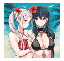 2girls alternate_costume beach big_breasts bikini bikini_bottom bikini_top black_bikini black_cape black_swimsuit byleth_(fire_emblem) byleth_(fire_emblem)_(female) byleth_(summer)_(fire_emblem)_(female) cape choker cleavage dagger edelgard_von_hresvelg female_only fire_emblem fire_emblem:_three_houses fire_emblem_heroes flower flower_in_hair hand_behind_head jewelry multiple_girls nasubi06 platinum_blonde_hair post-timeskip red_bikini red_swimsuit side_ponytail smile swimsuit tassel wholesome yuri