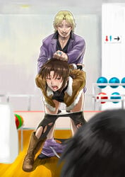 1boy 1girls 2boys arms_behind_back azasuke beard bent_over black_gloves black_hair black_lagoon black_legwear black_shirt blazer blonde_hair blurry_background blurry_foreground blush bondage bowling_alley boyfriend_forced_to_watch breasts brown_eyes brown_footwear brown_hair brown_jacket chaka_(black_lagoon) clothed_sex cross_necklace cuckold cuckold_rape dress_shirt earrings facial_hair female fingerless_gloves from_behind fur-trimmed_jacket fur_trim gloves grabbing_hair grin hair_grab half-closed_eyes highres implied_rape implied_sex in_front_of_boyfriend indoors jacket jewelry looking_at_viewer medium_breasts multiple_boys necklace netorare ntr okajima_rokuro open_blazer open_clothes open_jacket open_mouth panties pants pants_pull panty_pull pantyhose public public_rape public_sex purple_jacket purple_pants rape rape_face restrained revy saliva saliva_trail sex shiny shiny_hair shirt smile sweatdrop torn_clothes torn_legwear underwear white_panties