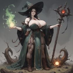 ai_generated aislinn_maclear areola_slip areolae black_hair boots bulge bulge_through_clothing civitai dark_fantasy druid dungeons_and_dragons fire futanari gothic green_clothing green_fire holding_object huge_ass huge_breasts huge_butt huge_cock huge_nipples huge_thighs large_balls large_breasts large_butt large_penis large_testicles large_thighs leather_straps loincloth magic magic_user original_character pale-skinned_futanari pale_skin pantyhose pelvic_curtain penis_bulge red_eyes skadithrax staff strapless vampire witch witch_hat