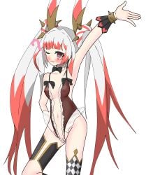 1girl ? blush breasts bunny_ears duel_monster facial_markings female korogi maliss maliss_p_white_rabbit pussy see-through_clothing twintails two_tone_hair unaware yu-gi-oh!